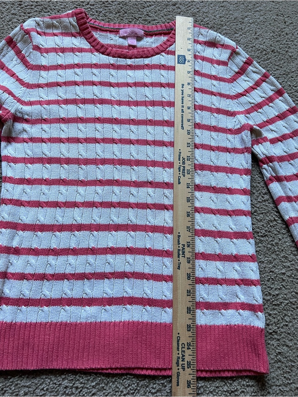 Lilly Pulitzer Pink & White Striped Cable Knit Cotton Sweater Palm Tree Logo L - Picture 7 of 9